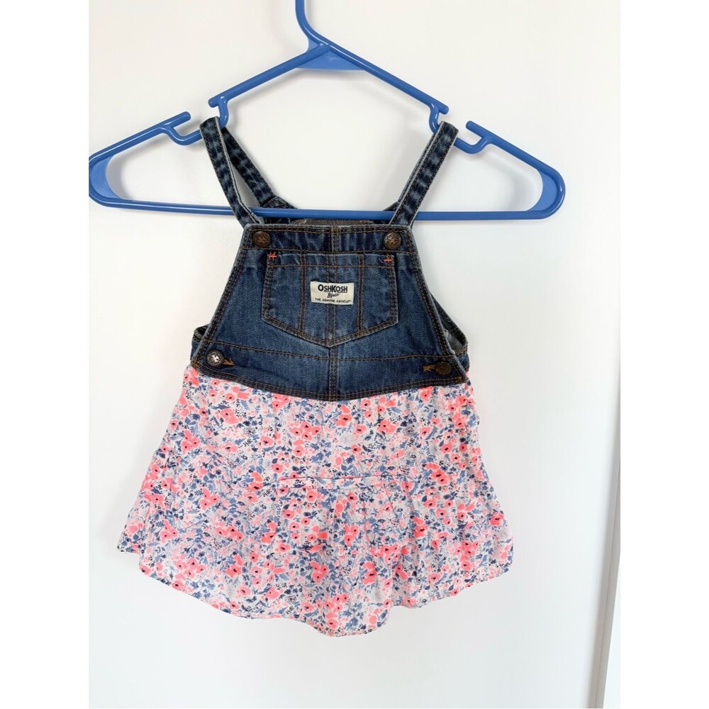 OshKosh B’gosh Toddler Denim Floral Overall Dress Ruffle Skirt Blue Pink- 24M